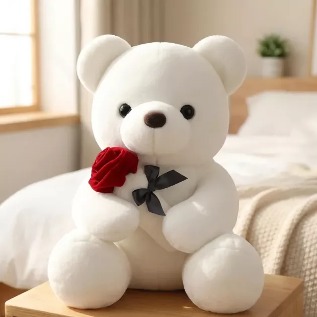 cute white teddy bear, teddy bear with rose,